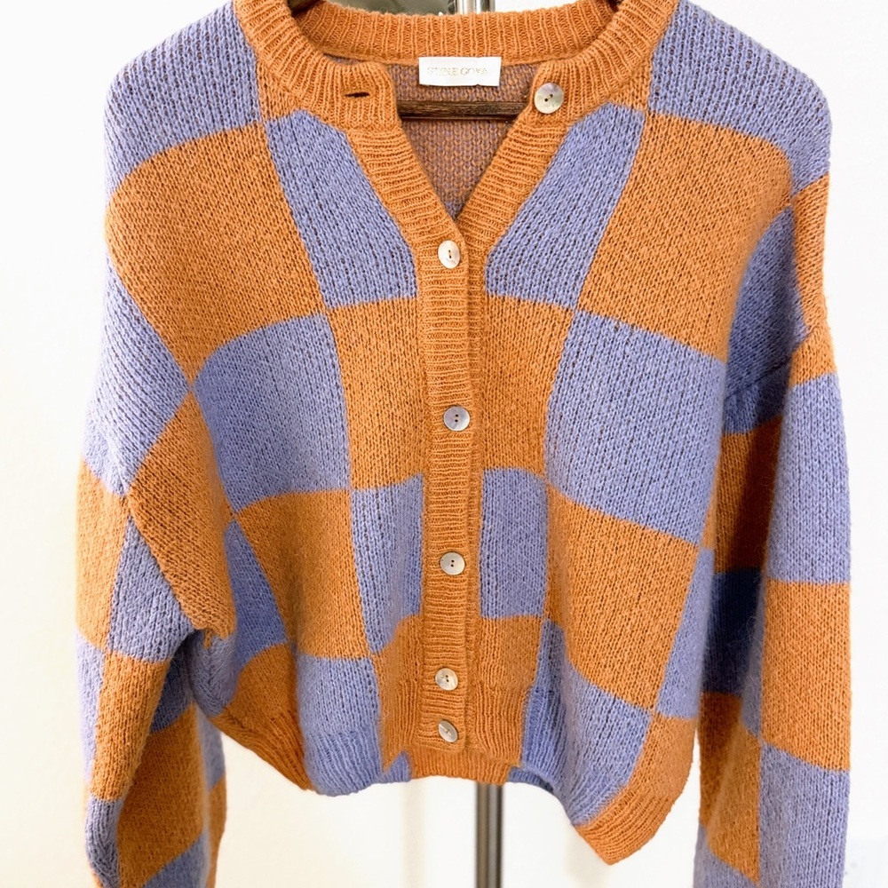 STINE GOYA Designer Check Cardigan Scandinavian Knit Orange Purple Size M